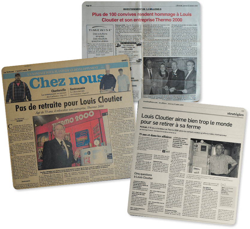 Three full newspaper pages, aged by time, showing articles presenting Thermo 2000